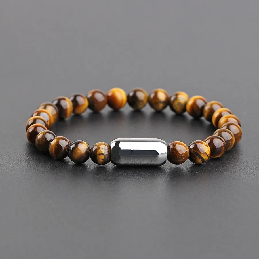 simple style round stainless steel stone beaded braid men's bracelets
