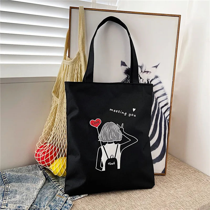 Women's Cute Basic Animal Letter Fruit Canvas Shopping bags
