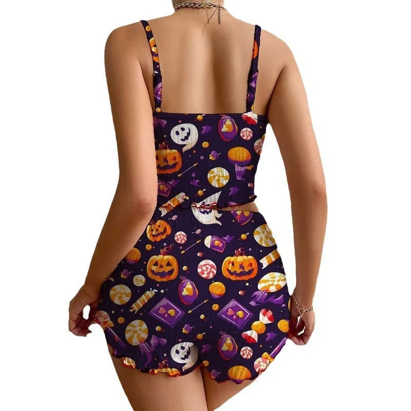 Halloween  Printed Sleeveless Sling Top Women's Suit Spice Girls Short Sexy Sling Sling Shorts for Hair