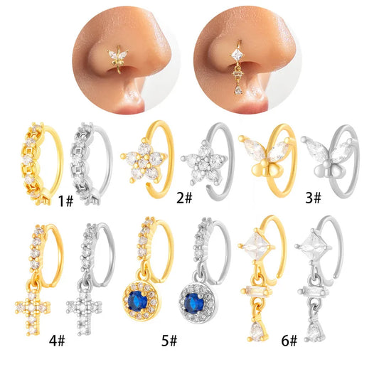 1 Piece Nose Rings & Studs Vacation Simple Style Cross Flower Butterfly Copper Cross Flowers Butterfly Zircon Nose Ring
