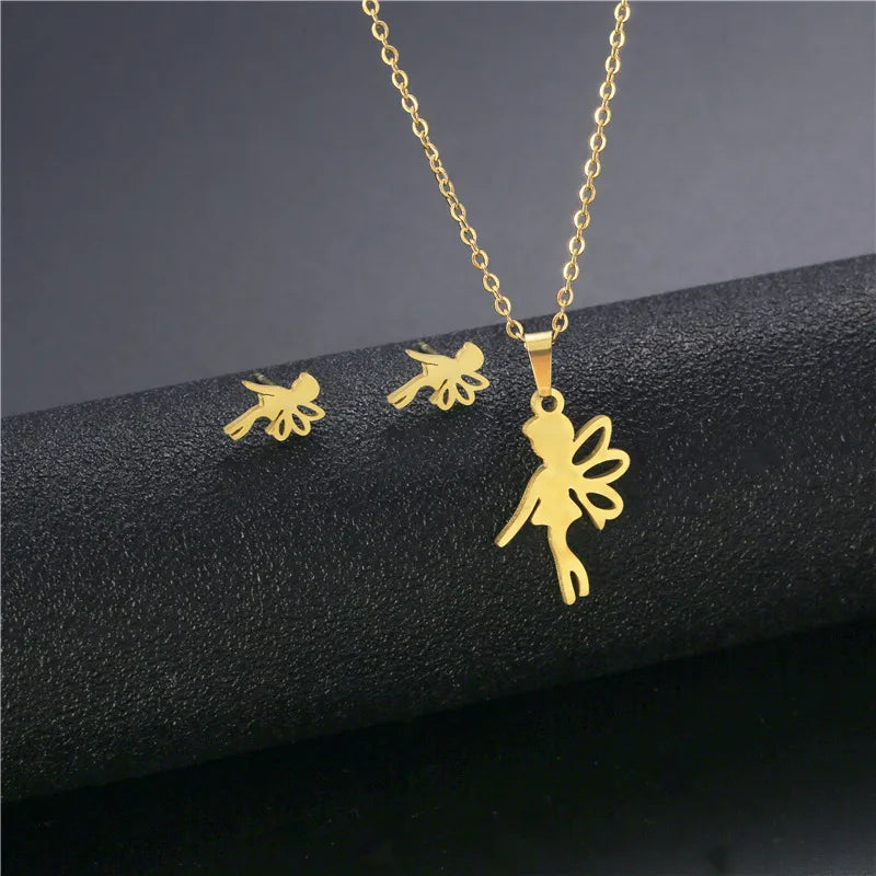 Wholesale Jewelry IG Style Casual Streetwear Moon Hand Of Fatima Butterfly 201 Stainless Steel cable chain Small Stud Earrings Necklace