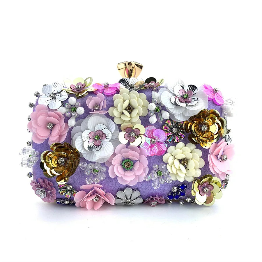 yellow blue black satin flower square evening bags