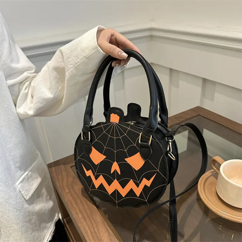 Halloween Pumpkin Shaped Color Block Women's Bag Simple Shoulder Round Bag Funny Gourd Bag Ladies Crossbody Bag Polyester Lining