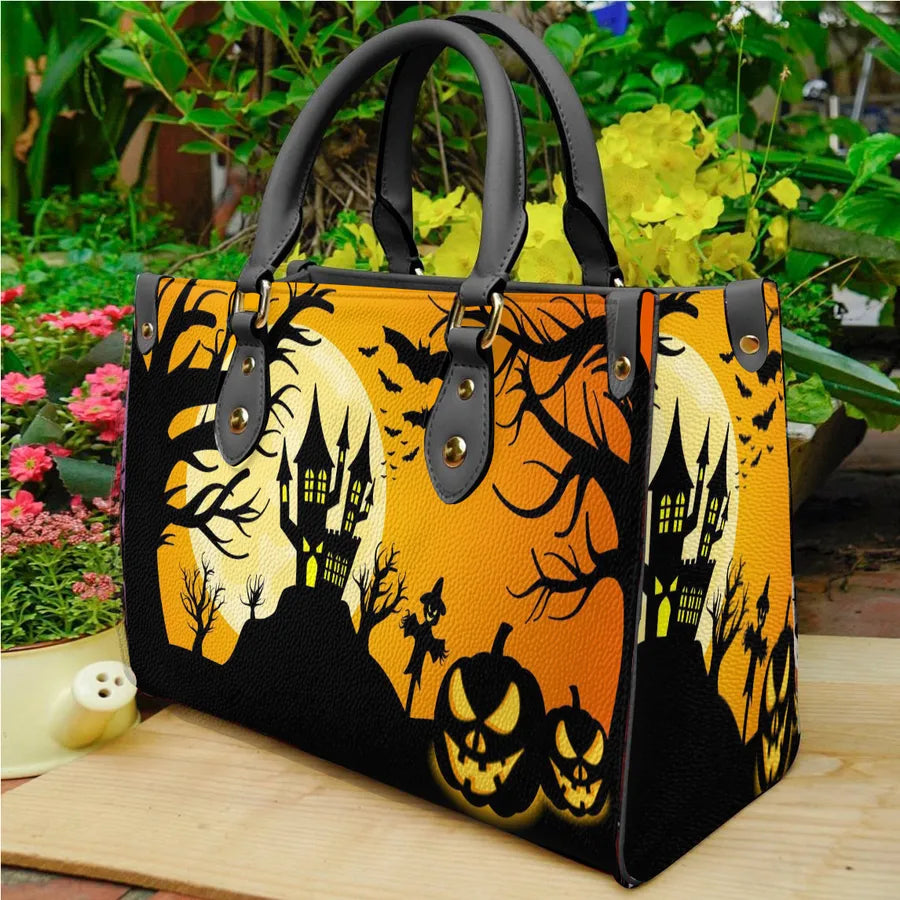 Printed Leather PU Halloween Ghost House Ladies Handbag Shoulderless Bag Street Style Fashion Square Shape Medium Size