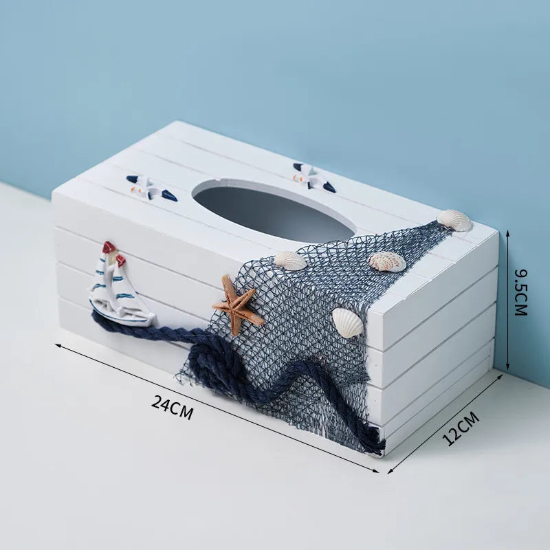 Marine Style Starfish Rudder Wood Tissue Box