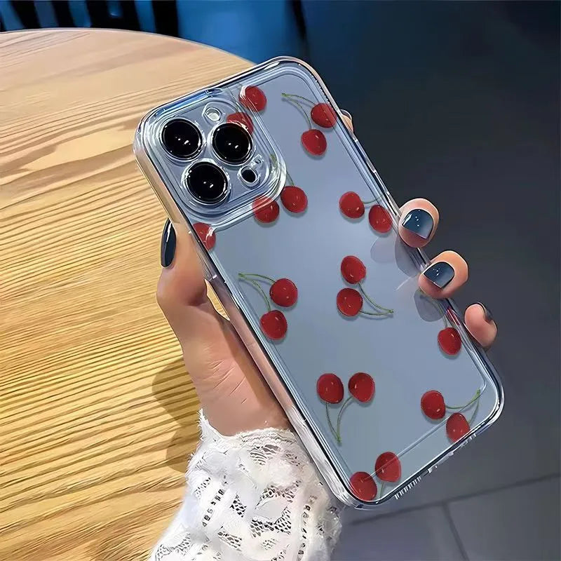Thickened Transparent Protective Phone Case For iPhone 16 Pro Max Cherry Design Simple Style Anti-Fall Apple 15 Compatible