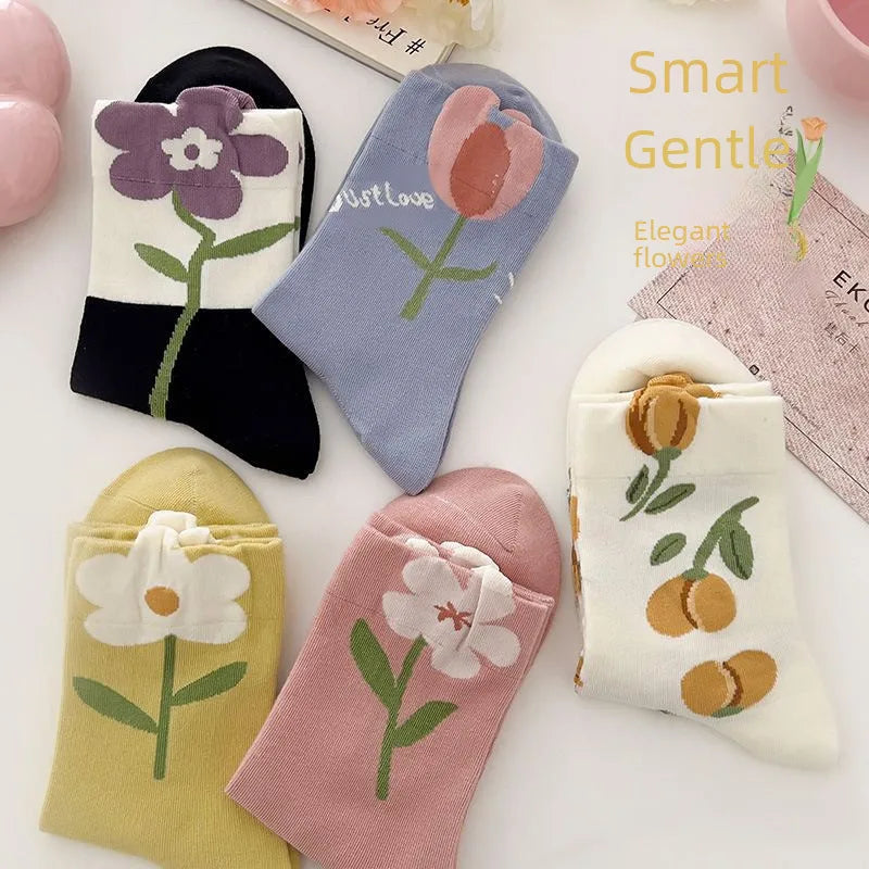 Women's socks autumn and winter New  trendy socks tulip flower women's mid-calf socks Japanese three-dimensional women's socks Zhuji