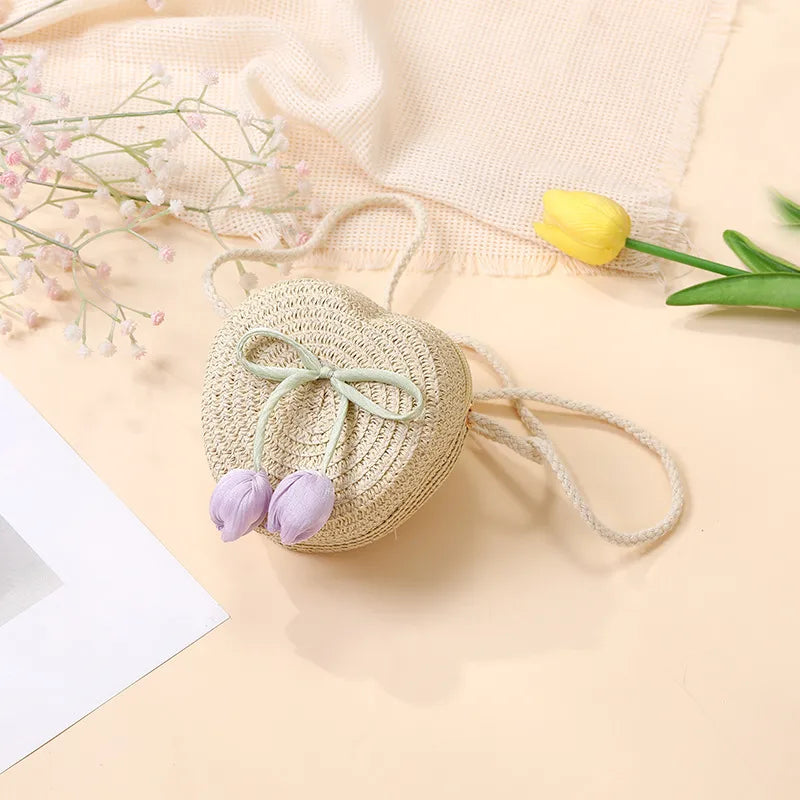 Summer Beach Seaside Tulip Straw Woven Bag  New Children Flower Straw Bag Mobile Phone Crossbody Bag