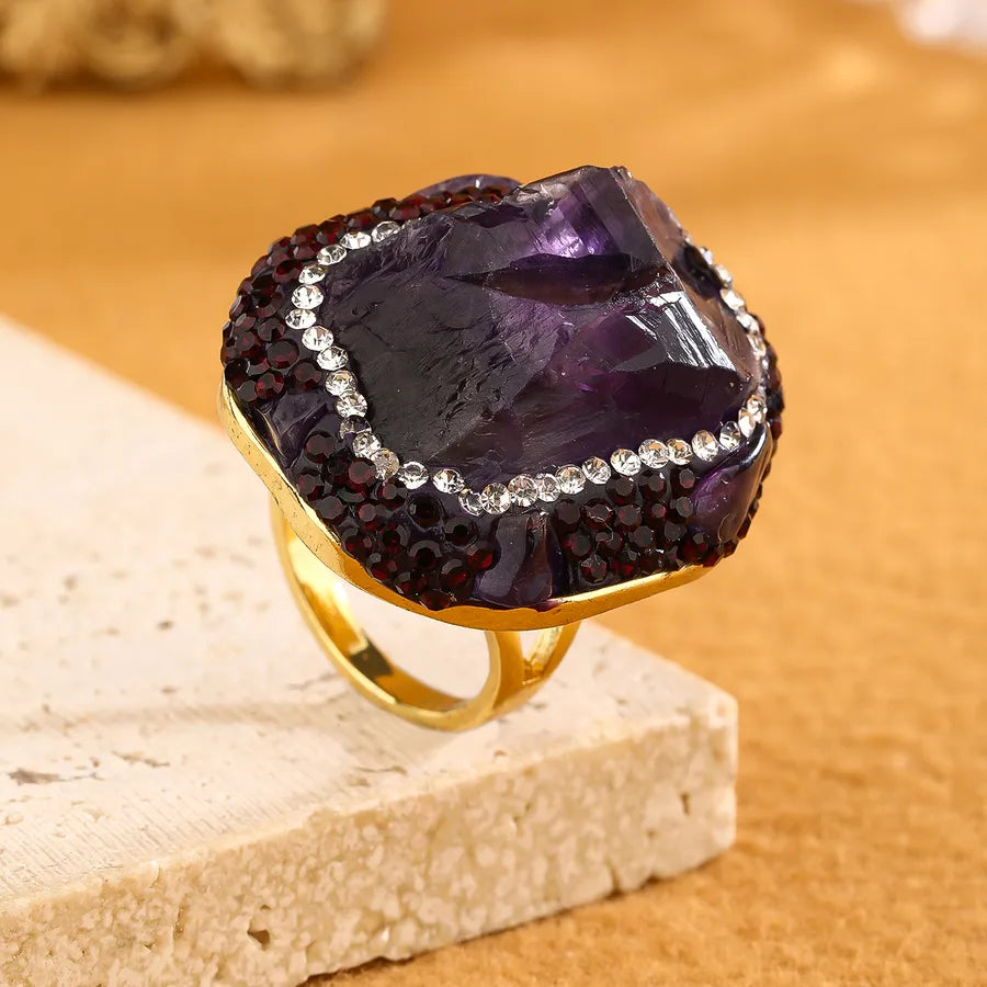 Elegant Vacation Handmade Irregular natural stone Crystal Copper Asymmetrical Irregular Natural Stone Crystal 14K Gold Plated Women's Open Rings