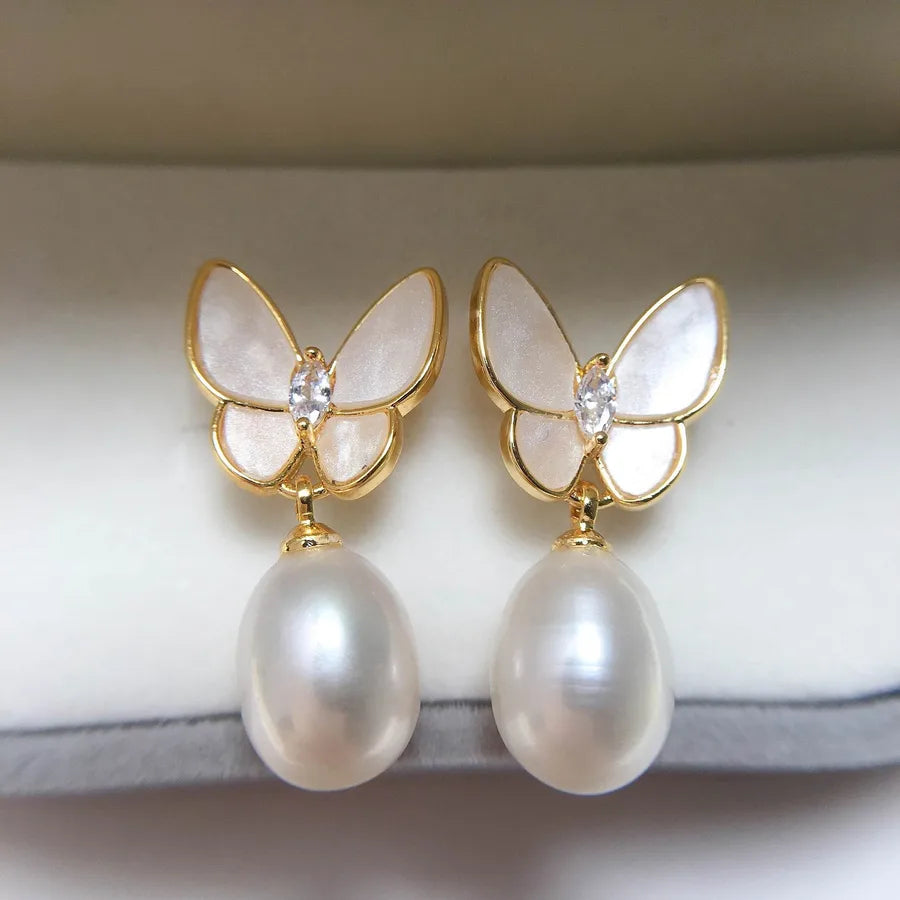 Zhuji natural freshwater pearl earrings women shell butterfly temperament earrings 18K gold S925 sterling silver needle wholesale