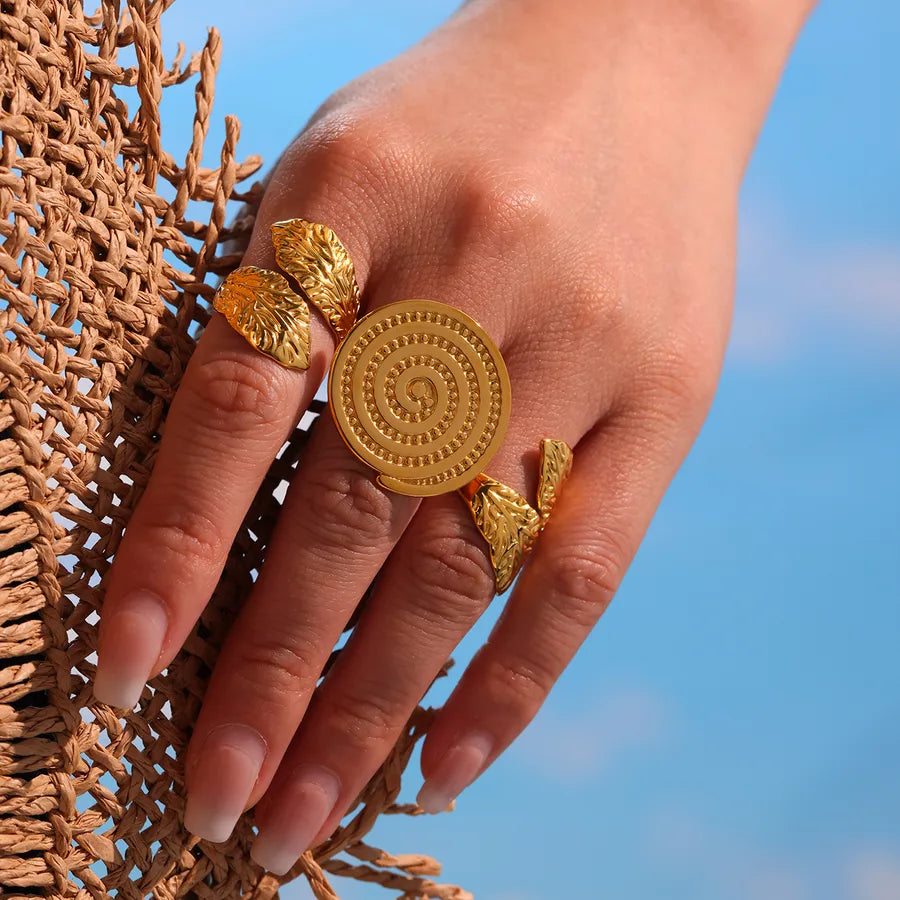 Wholesale Jewelry Exaggerated Luxurious Vacation Leaves 304 Stainless Steel 18K Gold Plated Plating Rings