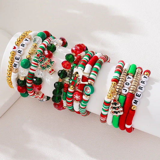 Handmade Christmas Letter Color Block Soft Clay Beaded Bracelet Festival Gift Women's Handmade Wristband Geometric Pattern