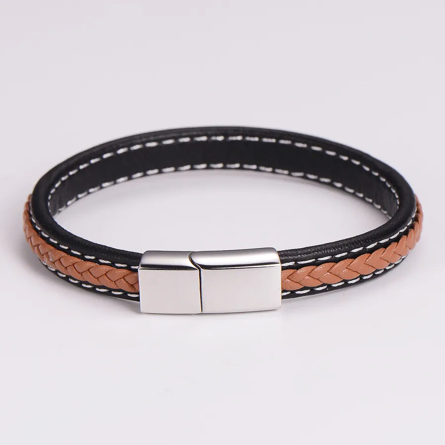 Elegant Color Block 304 Stainless Steel Pu Leather Braid Men's Bracelets Men Cord & Leather Bracelets