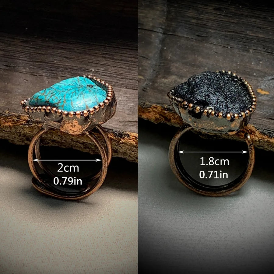 Vintage Style Baroque Style Asymmetrical Irregular turquoise Black Meteorite Asymmetrical Irregular Handmade Turquoise Black Meteorite Women's Open Rings