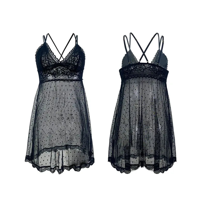 Elegant Lace Temptation Chemise Nightgown Sexy Polka Dot See Through Sleepwear Women's Home Clothes European Style Leisure Sleepwear