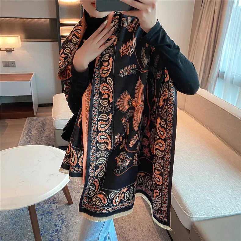 women's retro color block imitation cashmere printing scarf