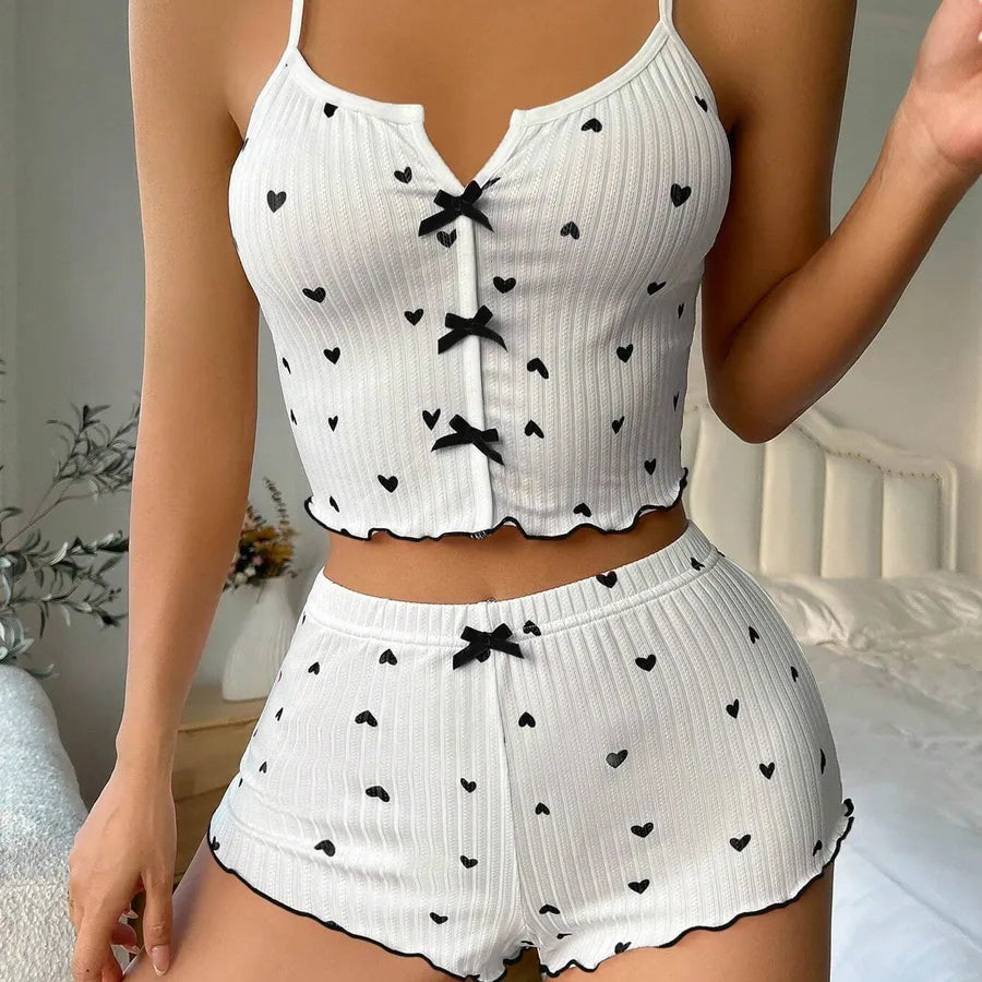 Home Daily Women's Casual Heart Shape Spandex Polyester Printing Bowknot Pants Sets Pajama Sets