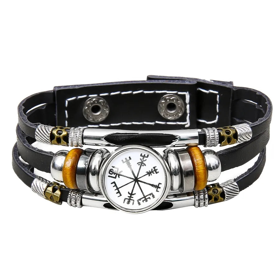 Hot Sale Viking Pirate Compass Pattern Leather Bracelet   Retro Multi-Layer Beaded Bracelet