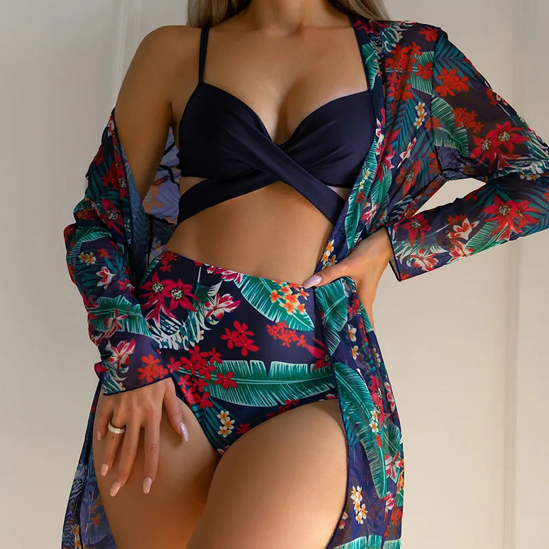 Women's Simple Style Ditsy Floral 3 Pieces Set Bikinis Swimwear