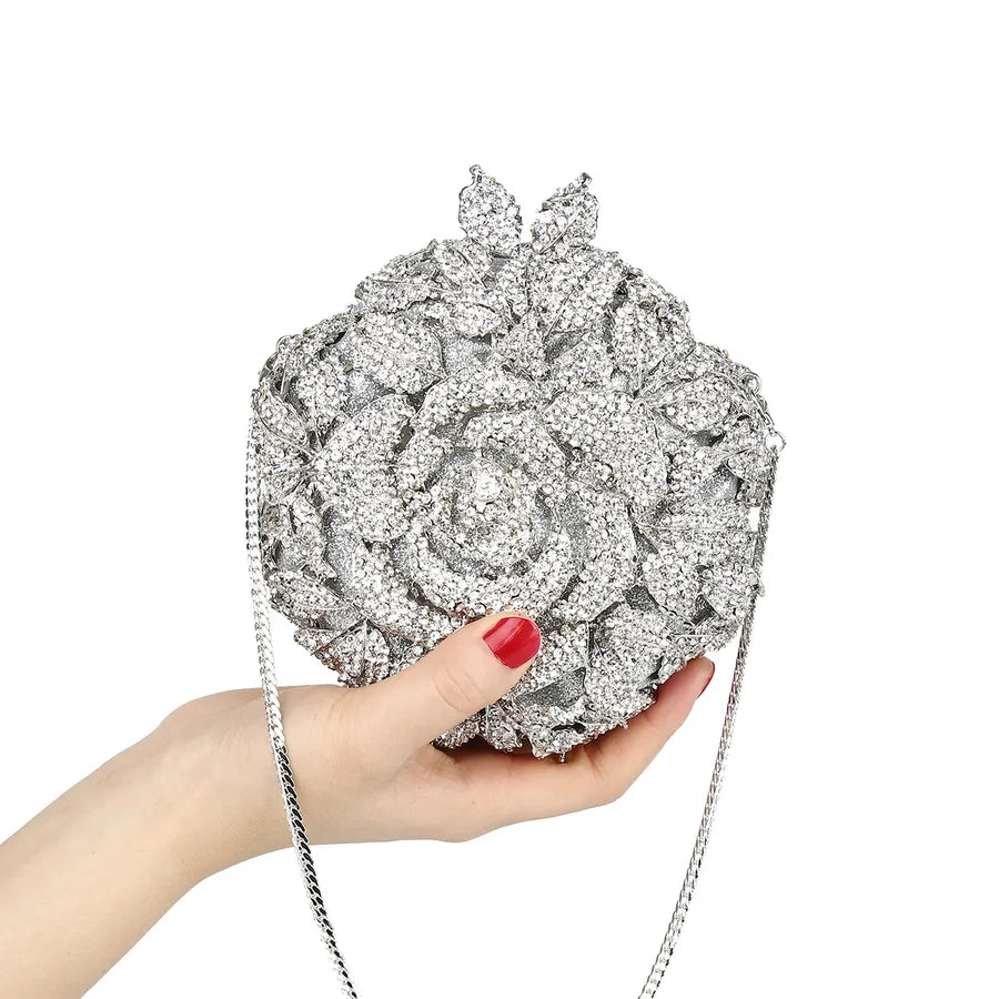 silver pu leather flower round evening bags