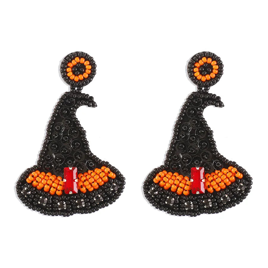 1 Pair Halloween Gothic French Style witch hat Beaded Bead Sequins Rhinestone Pu Bottom Drop Earrings