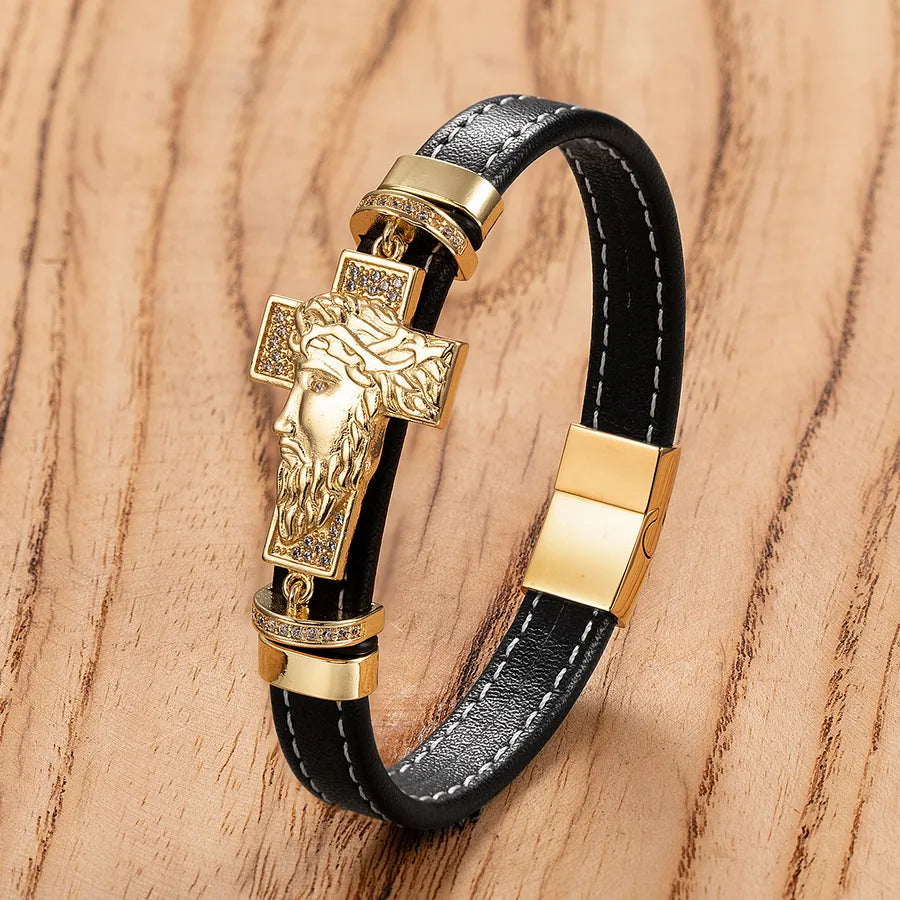 New Men's Fashion Stainless Steel Cross Shelf Accessories Bracelet Personality Woven Leather String Bracelet Ornament Wholesale
