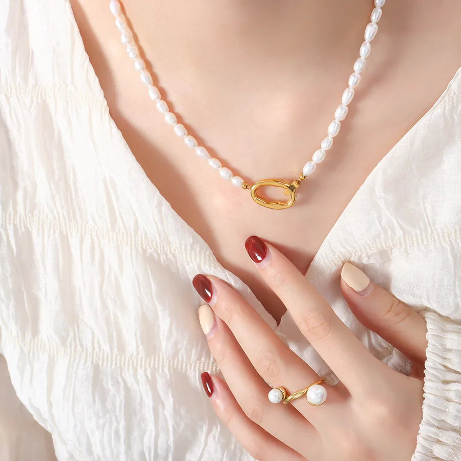elegant baroque style oval freshwater pearl titanium steel plating 18k gold plated necklace