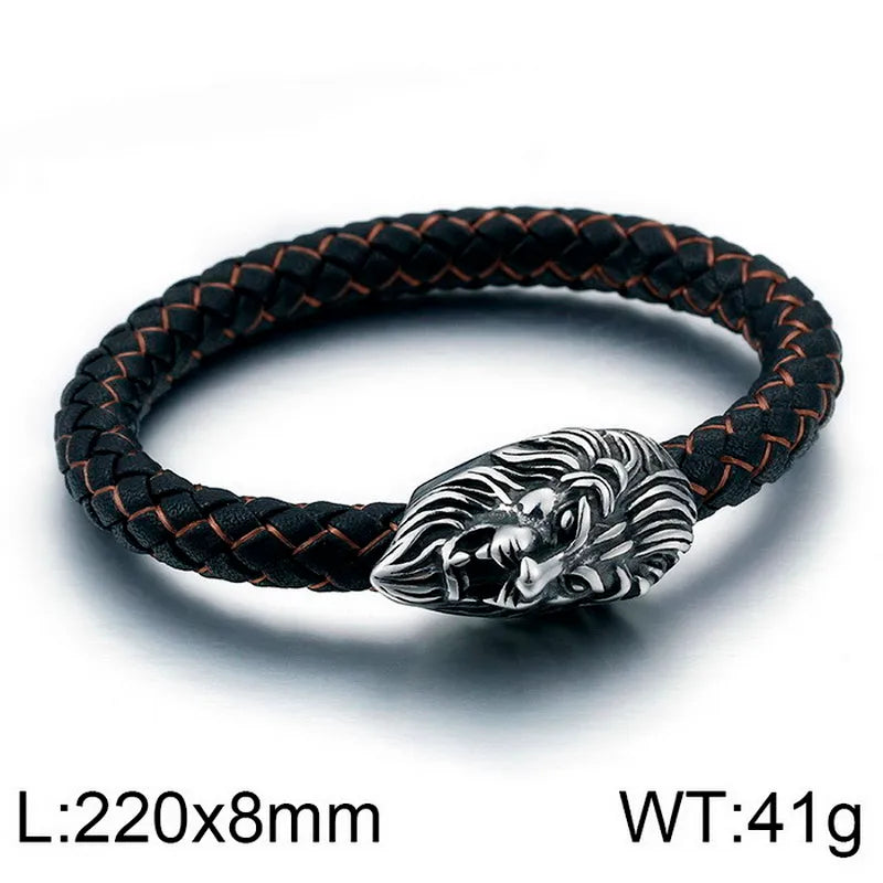 vintage style lion leather titanium steel men's bangle