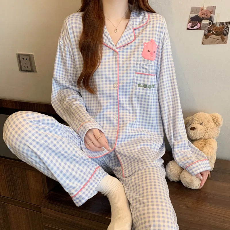 Sweet Heart Plaid Long Sleeve Sleepwear Set Women's Home Clothes Spring Autumn Season Polyester Milk Silk Thin Breathable Casual