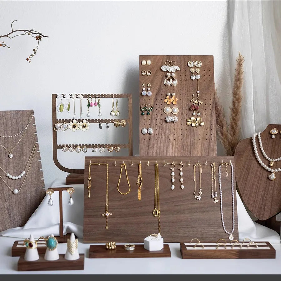 Large Capacity Jewelry Display Stand Walnut Color Earring Necklace Holder Stall Jewelry Showcase Elegant Cherry Wood Grain