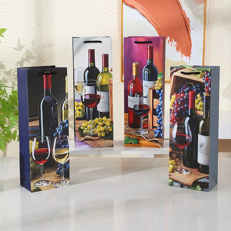 New Premium Red Wine Bag Single Bottle Wine Holder Luxury Printed Handbag Thickened Paper Bag Elegant Design Gift Bag