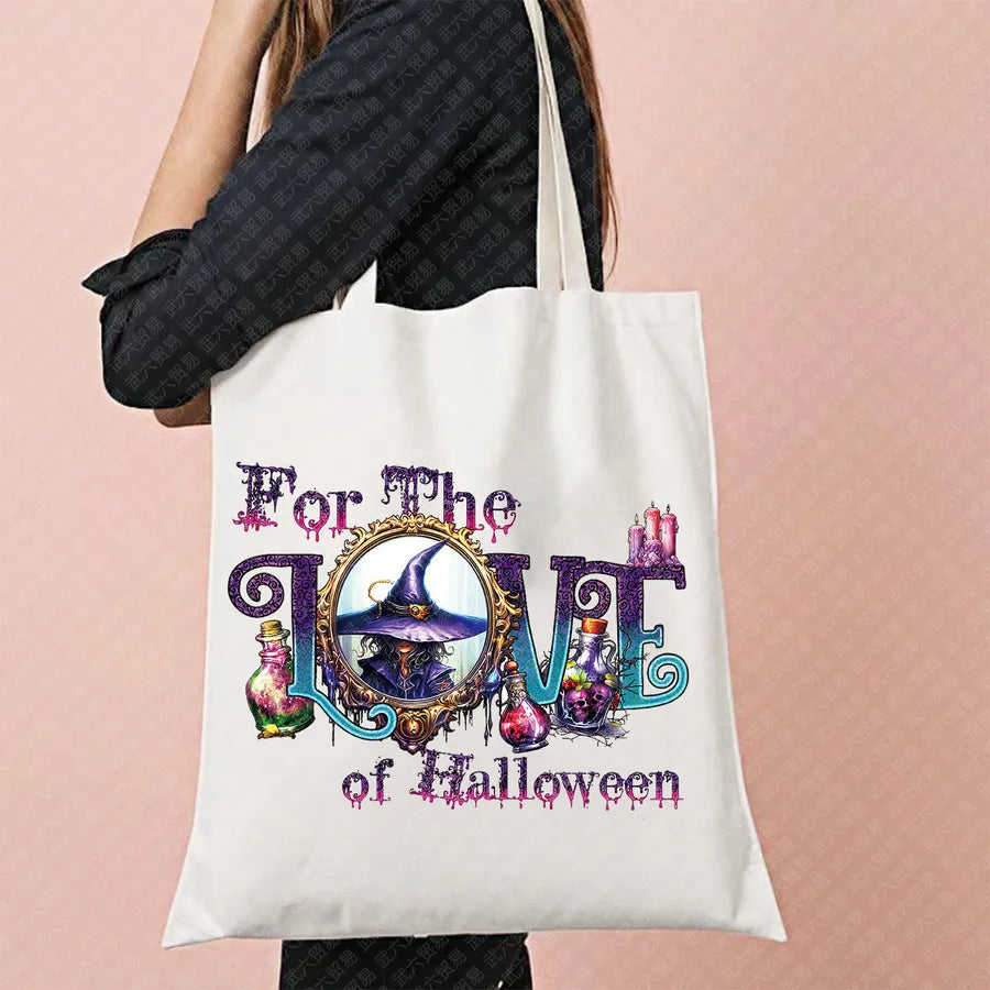 Scary Cat Halloween Pumpkin Pattern Canvas Tote Bag Reusable Shopping Bag Large Square Shape Double Shoulder Strap Tote Bag