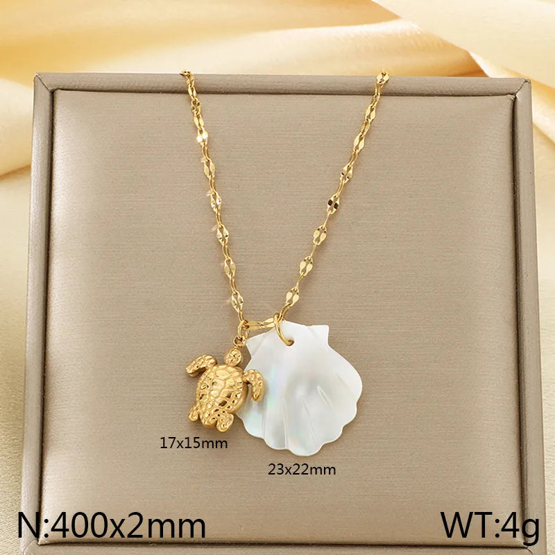 Wholesale Jewelry Marine Style Simple Style Tortoise Starfish Conch 304 Stainless Steel 18K Gold Plated coffee bean chain Pendant Necklace