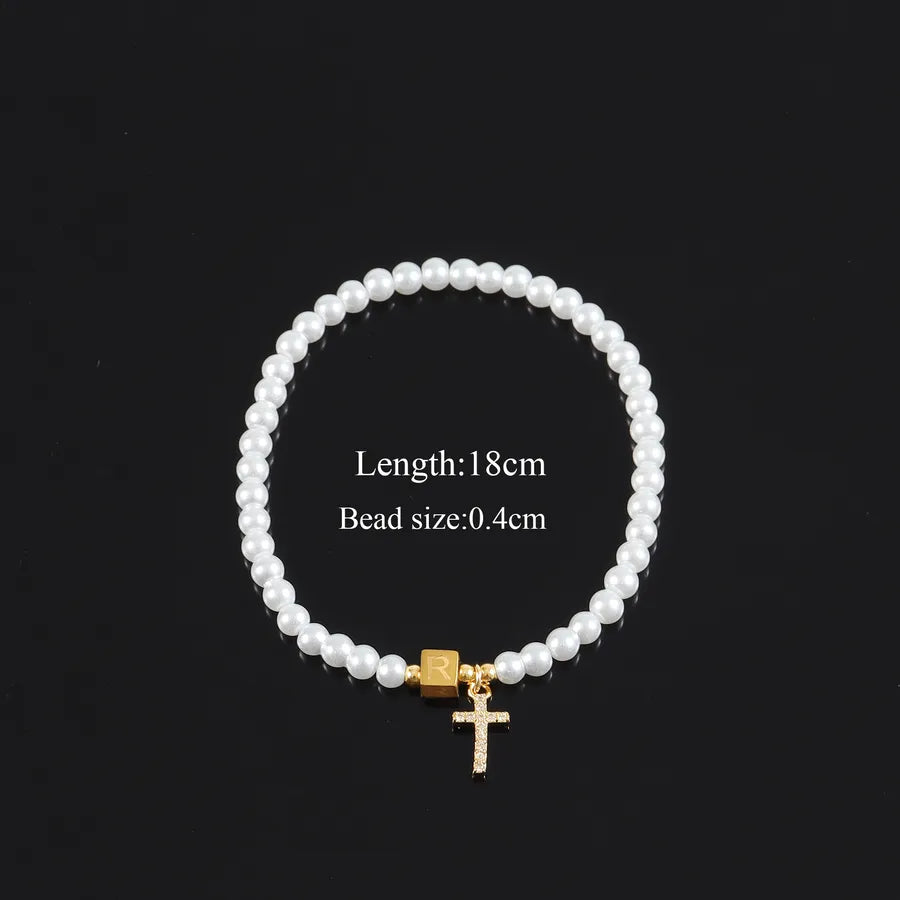 Casual Elegant Classic Style Cross Letter 304 Stainless Steel Artificial Pearl Copper Beaded Chain Beaded Bracelets Wholesale