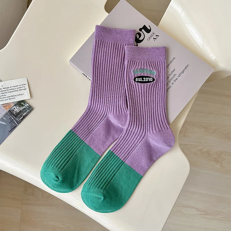 women's lady sweet color block cotton crew socks a pair