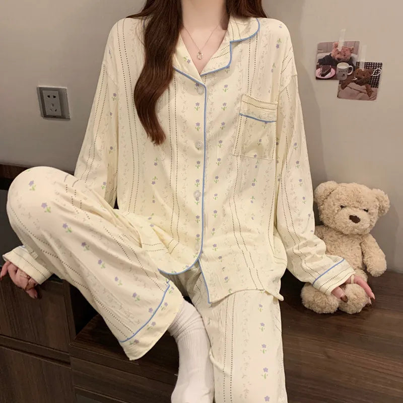 Sweet Girl Heart Print Open Cardigan Sleepwear Long Sleeve Crepe Home Clothes Set Spring New Style Casual Breathable Polyester