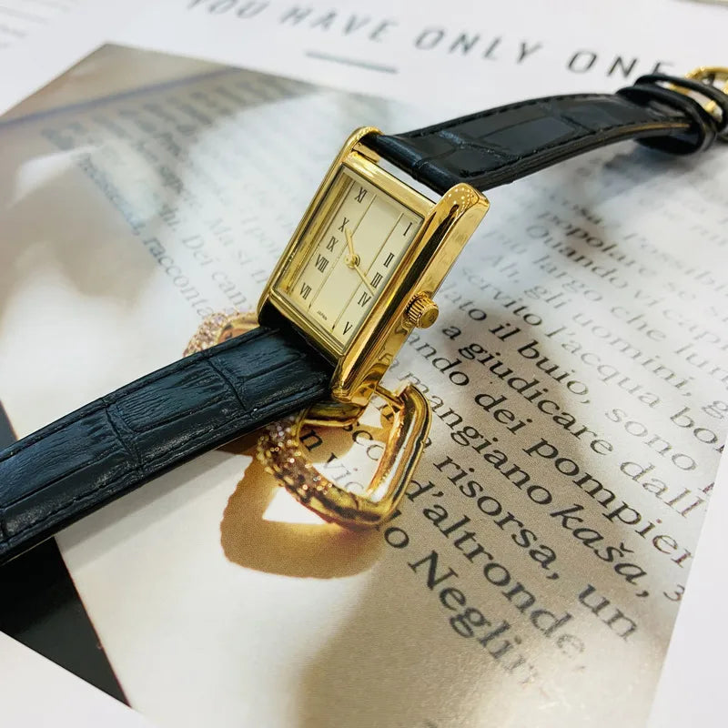 Gold Roman Scale Rectangular Vintage Style Women's Quartz Watch Stainless Steel Band Mineral Glass Face Pin Buckle Clasp