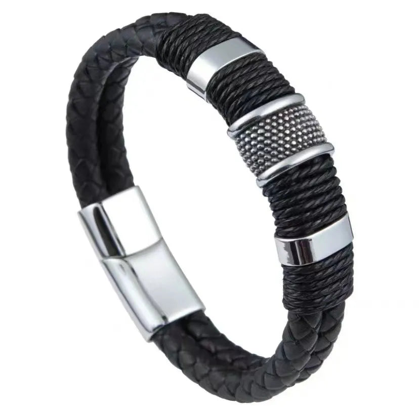 Explosions  Men's Woven Exquisite Titanium Steel Leather Bracelet Couple Double-layer Stainless Steel Magnet Buckle Bracelet