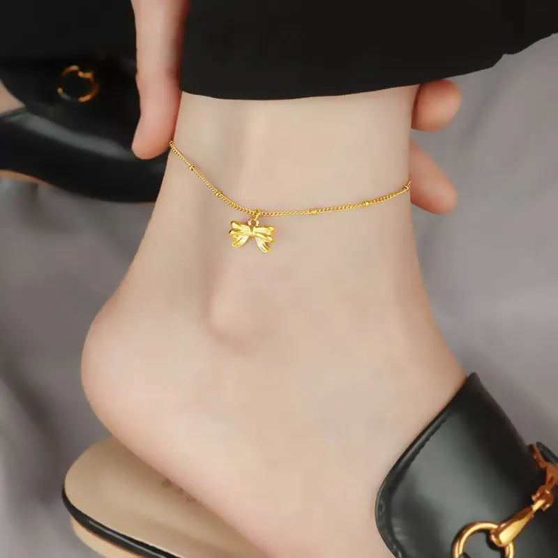 Wholesale Jewelry Elegant Bow Knot Titanium Steel 18K Gold Plated Anklet