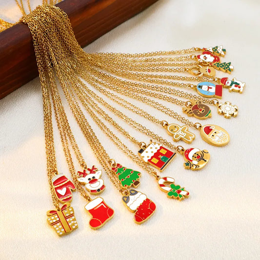 Christmas Creative Design Sense Bell Necklace Women's Versatile Pendant Oil Drop Deer Snowman Cartoon Stainless Steel Titanium Steel