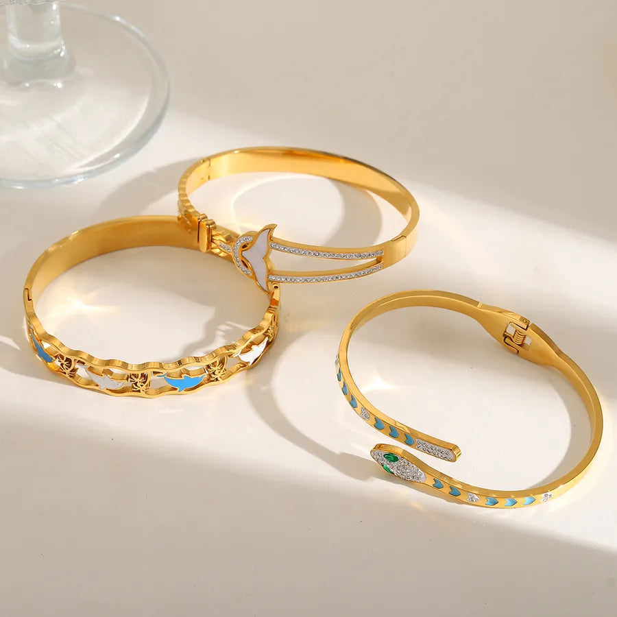 Elegant Cute Artistic Animal Dolphin Snake 304 Stainless Steel 18K Gold Plated Acrylic Zircon Bangle In Bulk