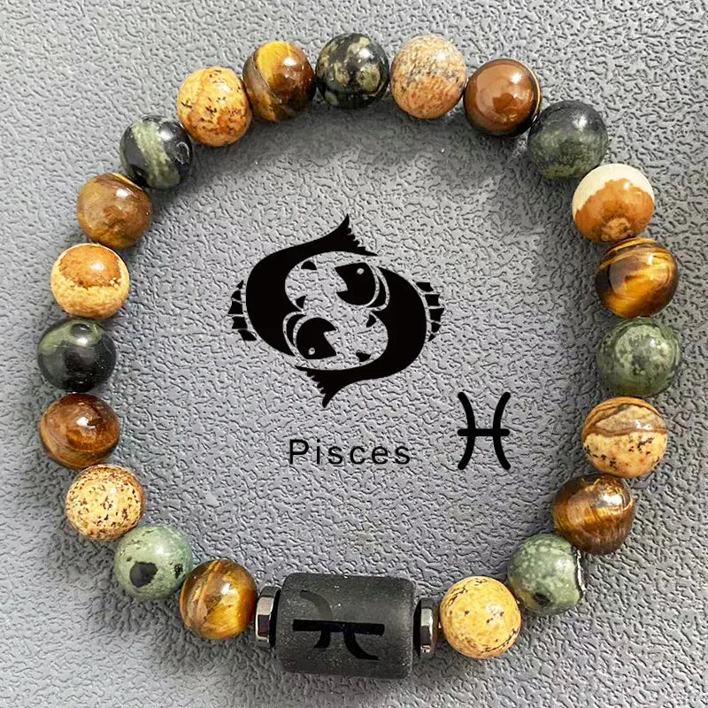 Twelve Constellation Natural Stone Beads Bracelet Hot Selling Tiger Eye Stone Picture Stone Mix and Match Couple Beads Bracelet