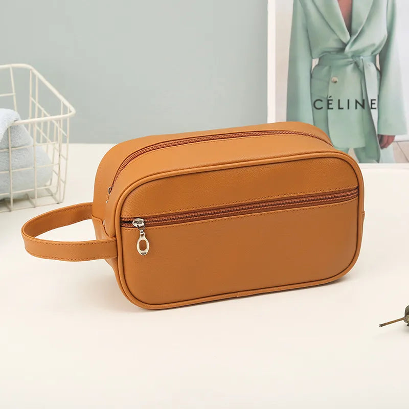 casual solid color pu leather nylon storage bag makeup bags