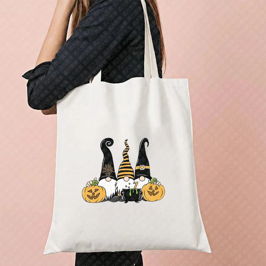 Halloween Movie Pattern Canvas Tote Bag Reusable Shopping Shoulder Bag Travel Large Square Printed Handbag Retro Style Women
