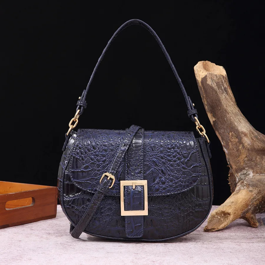 Women's Medium Pu Leather Crocodile Elegant Vintage Style Oval Buckle Crossbody Bag