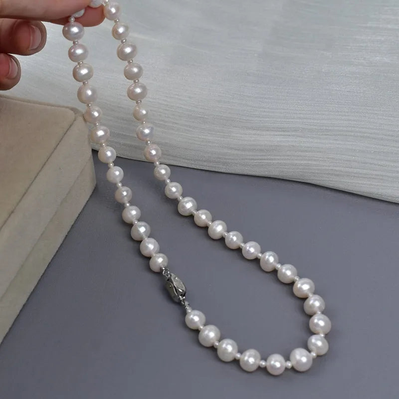 Natural Freshwater Pearl Necklace Elegant Simple Round Bead Mommy Chain Pearl Pendant Jewelry Set For Women