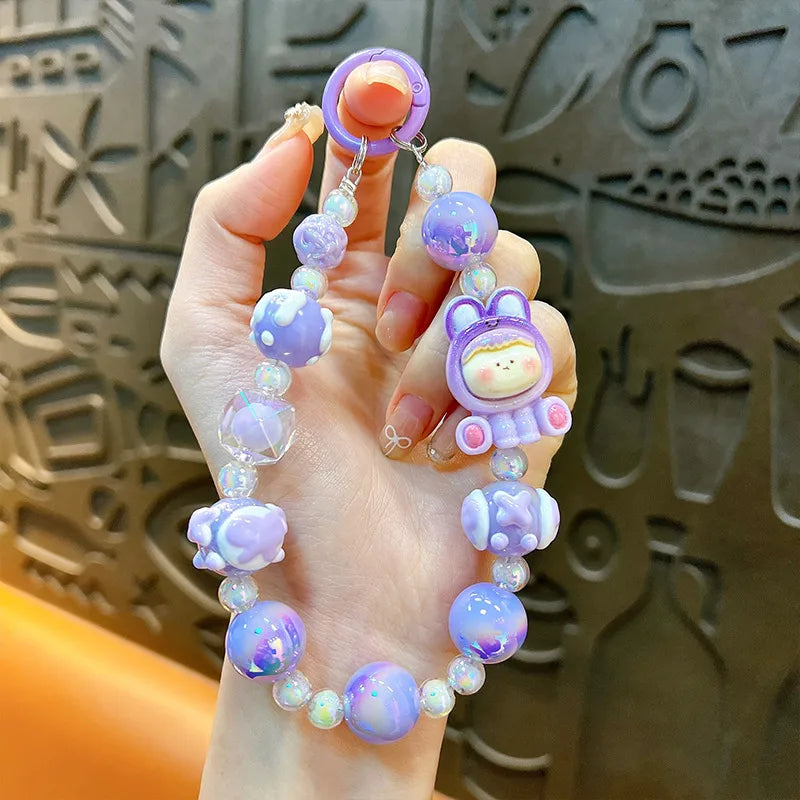 Cute Cartoon Mobile Phone Chain Dopamine Handmade Beaded Key Holder Wristband Style Girls Keychain Acrylic Cute Style