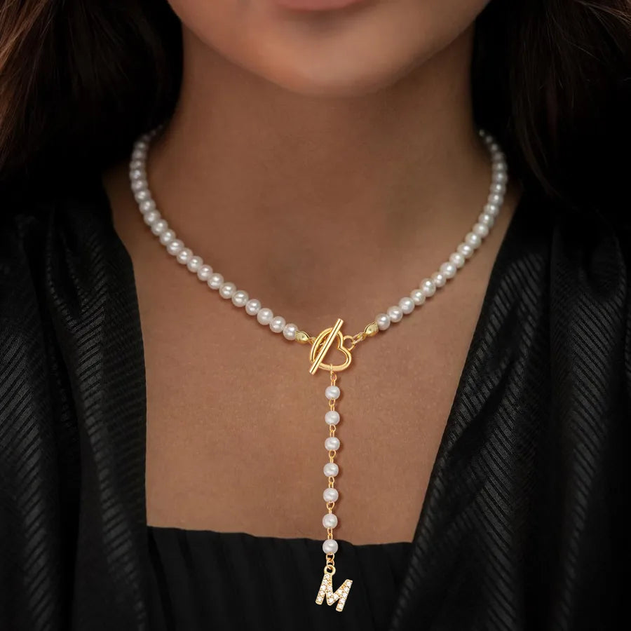 Elegant Classic Style Letter Heart Shape Artificial Pearl Copper Beaded Chain OT Clasp Toggle Clasp Closure Beaded Necklaces Wholesale