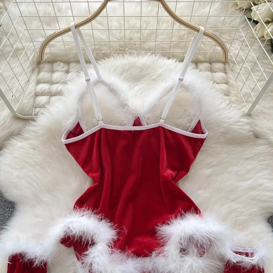 Women's Christmas Sexy Solid Color Sexy Lingerie Sets Party Jumpsuit Mid Waist Thong Sexy Lingerie