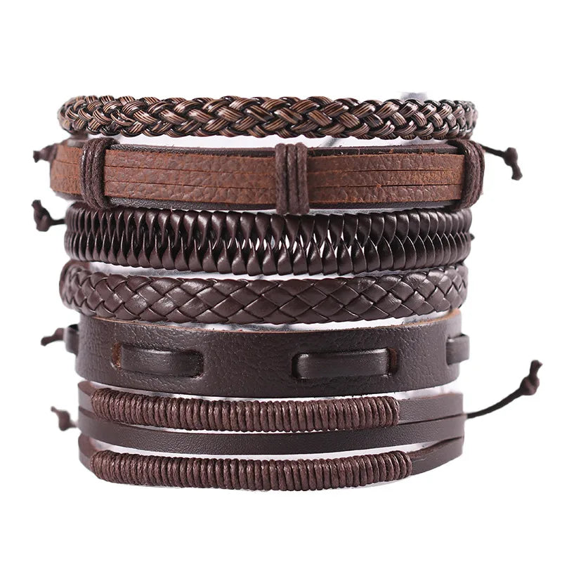 Retro Men's Bracelet 5 Pack Cross Woven Leather Adjustable Set Bracelet Bracelet Wholesale
